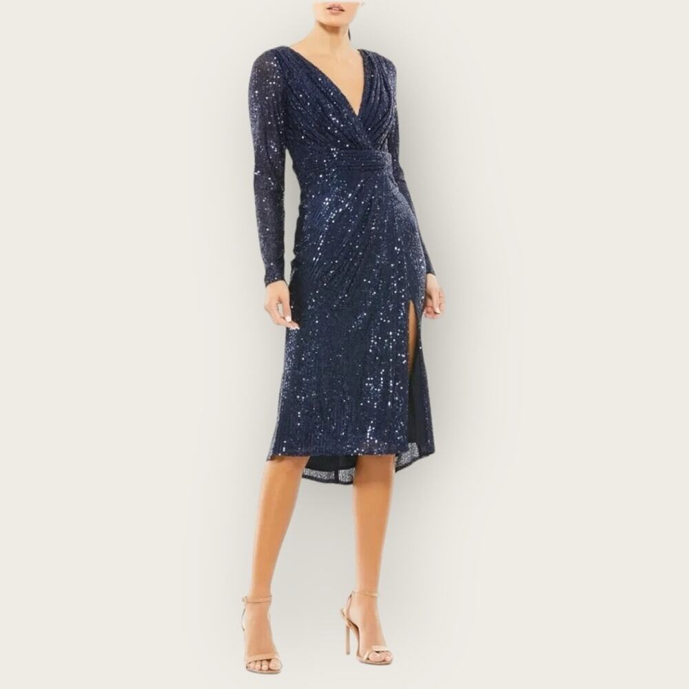 NWT | Mac Duggal | LONG SLEEVE SEQUINED MIDI DRESS | Blue | Size 2
